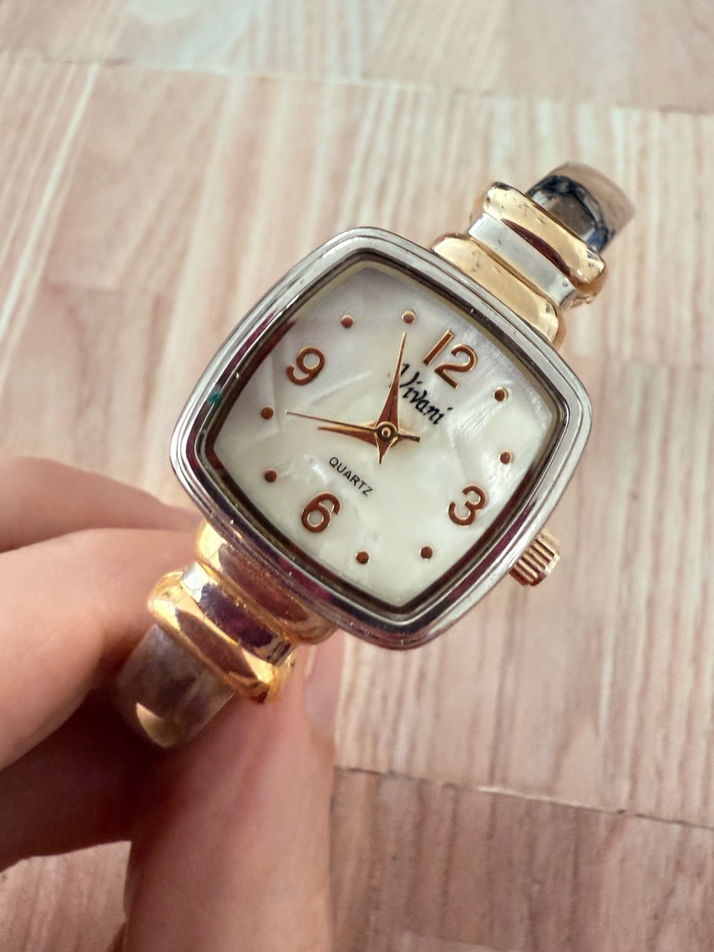 Vivani ladies square two tone cuff bracelet watch NEW BATTERY